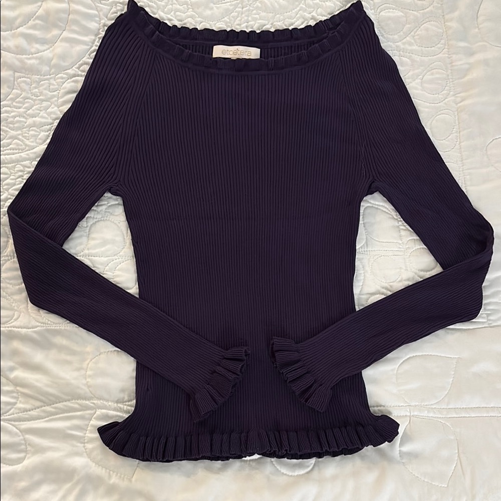 Chic Etcetera Purple Ribbed Long Sleeve Top Sweater Sz S Ruffled